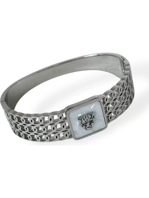 Caş Dekorasyon Gümüş Renk Kaplan Figürlü Çelik Kelepçe Bileklik