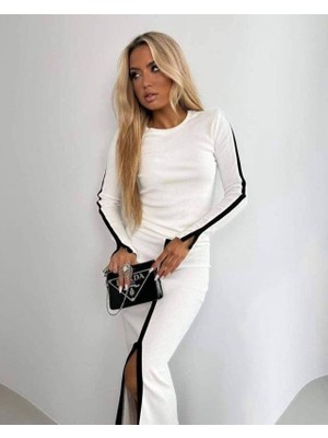 Barış Beauty Kadın Uzun Kollu Bisiklet Yaka Kaşkorse Bluz ve Yırtmaçlı Etek Ikili Takım