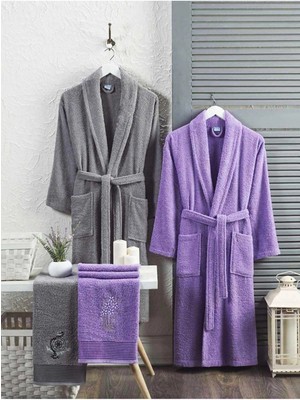 Mira Home 4 Parça Aile Bornoz Seti Kadın Erkek Havlulu Bornoz Takımı Gri Lavanta
