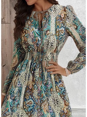 Barış Beauty Kadın Uzun Kollu Uakadabağcıklı Beli Lastikli Desenli Uzun Süprem Elbise