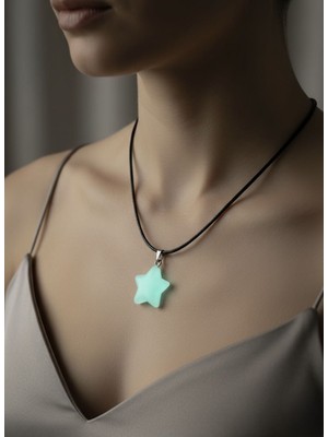 Meneva Aksesuar Karanlıkta Parlayan Kedi Gözü Doğal Taş Yıldız Kesim Deri Ipli Kolye