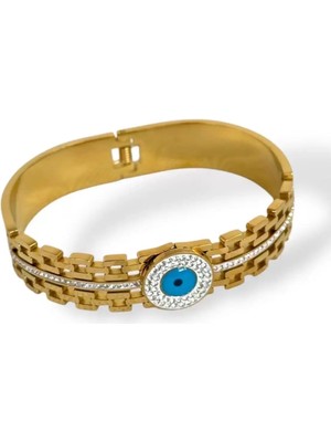 Caş Dekorasyon Altın Renk Nazar Boncuklu Taşlı Çelik Kelepçe Bileklik