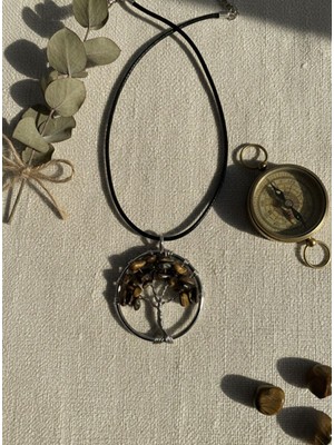 Meneva Aksesuar Kaplan Gözü Doğal Taş Hayat Ağacı Deri Ipli Kolye