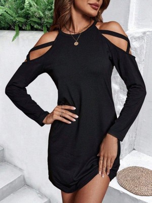 Barış Beauty Kadın Uzun Kollu Omuz Açık Askı Detay Viskon Mini Boy Elbise