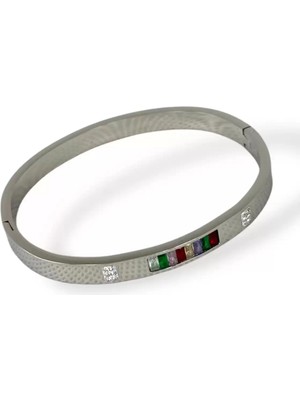 Caş Dekorasyon Gümüş Renk Taşlı Çelik Kelepçe Bileklik