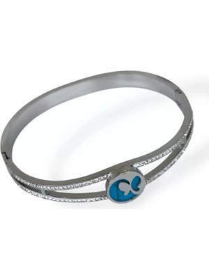 Caş Dekorasyon Gümüş Renk Kelebek Figürlü Taşlı Çelik Kelepçe Bileklik