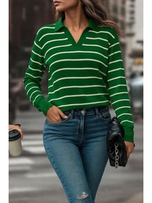Barış Beauty Kadın Uzun Kollu V Yaka Çizgili Triko Bluz