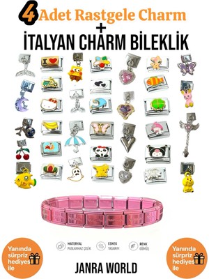 Janra World 4 Adet Rastgele Charm + Italyan Charm Bileklik Seti | Sürpriz Hediye Ile Birlikte