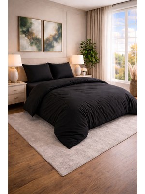 Homenup 90X190 Tek Kişilik Nevresim Takımı Lastikli Çarşaf Düz Renk Siyah