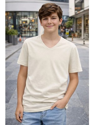 Luz&Pos Genç Erkek Çocuk V Yaka Tişört Yazlık Model Günlük Basic Body - Taş