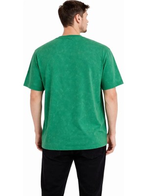 Giyim Center Erkek Asit Yıkama Bisiklet Yaka Kısa Kollu Oversize T-Shirt Tişört - Yeşil