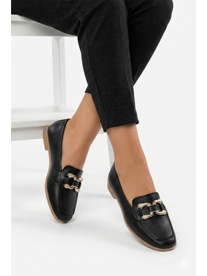 Nmoda Kadın Loafer Babet Gold Tokalı Günlük Rahat Ofis Ayakkabısı Kaymaz Taban Şık Klasik