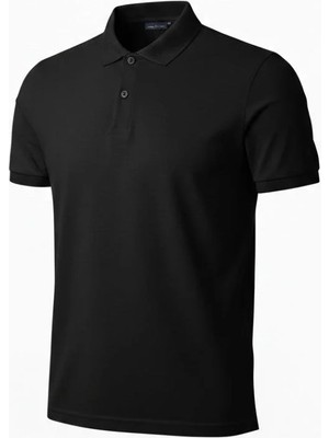Giyim Center Erkek Pike Kumaş Düğmeli Yaka Regular Fit Günlük Kısa Kol Tişört T-Shirt - Siyah