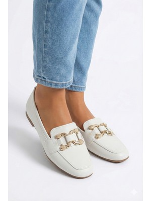 Nmoda Kadın Loafer Babet Gold Tokalı Günlük Rahat Ofis Ayakkabısı Kaymaz Taban Şık Klasik