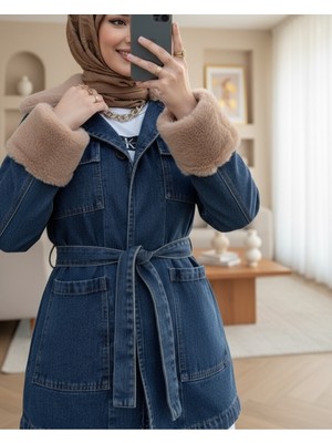 Modamorfo Yakası ve Kolu Kürklü Önü Bağlamalı Cepli Kot Ceket -Indigo