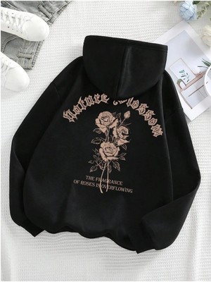 Divin Kadın Gül Baskılı Sweatshırt 3iplik Kaliteli Kumaş Oversize Kesim