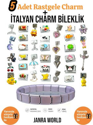 Janra World 5 Adet Rastgele Charm + Italyan Charm Bileklik Seti | Sürpriz Hediye Ile Birlikte