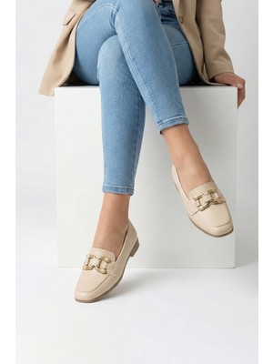 Nmoda Kadın Loafer Babet Gold Tokalı Günlük Rahat Ofis Ayakkabısı Kaymaz Taban Şık Klasik