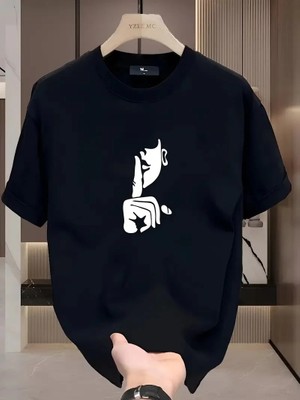 Giyim Center Rahat Bisiklet Yaka Tişört, Yaratıcı Karikatür Baskı - Yumuşak Polyester, Her Mevsim Giyilebilir- Siyah