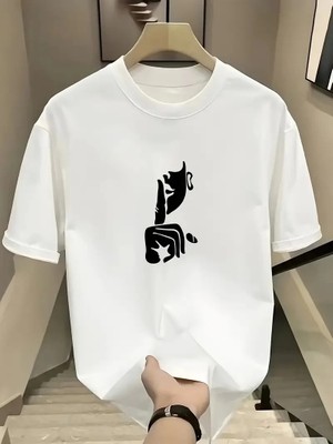 Giyim Center Rahat Bisiklet Yaka Tişört, Yaratıcı Karikatür Baskı - Yumuşak Polyester, Her Mevsim Giyilebilir- Beyaz