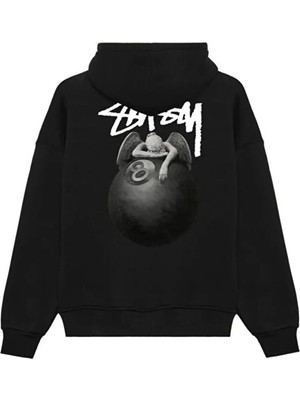 Divin Unisex Siyah Oversize Kapüşonlu Sweatshirt – 8 Ball Baskılı