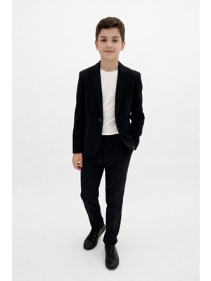 Ugly Duck 09-14 Yaş Dikine Çizgi Detaylı Keten Üçlü Takım - Siyah