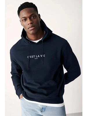 Divin Erkek Baskılı Kapüşonlu Sweatshırt Oversize Kesim 3iplik Pamuklu Kumaş