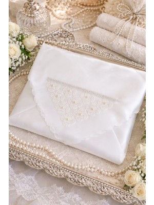 Dilex DİLEX İncili Oyalı Saten Bohça Seti 3'lü – Ekru Çeyizlik Gelin Damat Bohçası 90x90 cm