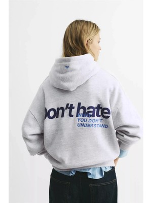 Divin Kaden Dont Hate Baskılı Kapüşonlu Oversıze Sweatshırt Büyük Beden
