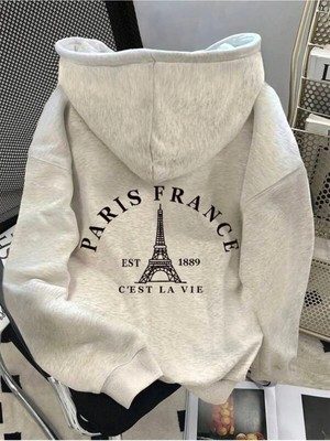 Unisex Paris France Eiffel Baskılı Kapüşonlu Sweatshirt