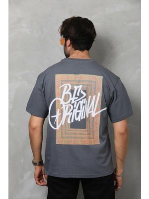 Giyim Center Unisex Bisiklet Yaka Baskılı Oversize T-Shirt - Füme