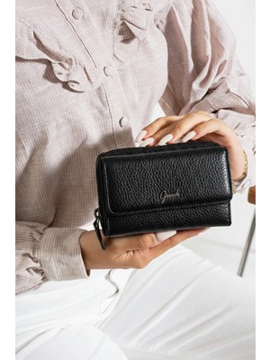Grande 2754 Siyah Detay Hakiki Deri Kadın Cüzdan Kartlık Clutch