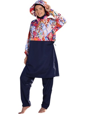 Estiva Dijital Baskı Şapkalı Croplu Dokuma Kapalı Tesettür Mayo