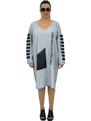 DARKWIN Büyük Beden Pamuklu  Kol Detaylı V Yaka  Deri Cep Detaylı Uzun Kollu Kadın Midi Elbise