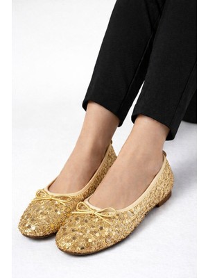 Redtan Kadın Altın Pullu Babet Modern Tasarım Günlük Ayakkabı