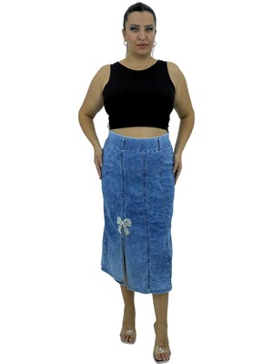 Zanessi Büyük Beden Kadın Pamuklu Yırtmaçlı Taş Inci Detaylı Beli Lastikli Midi Boy Etek