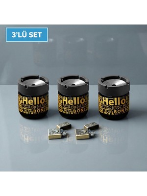 LE Paris Hello Baskılı 3 Adet Cam Kokusuz Küllük | Dumansız | Rüzgar Önleyici Kapaklı Dekoratif Cam Küllük | 425 ML