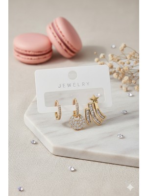 Lia Charm Kadın Gold Renk 3’lü Küpe Seti - Zirkon Taşlı Yıldız ve Halka Küpe Kombini