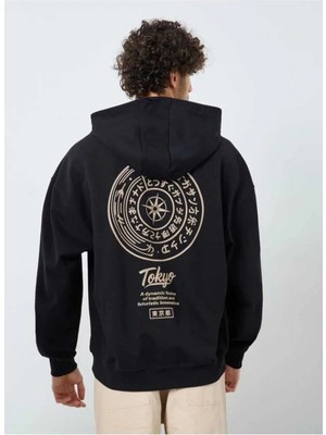 Divin Yazılı Grafik Baskılı 2iplikli Siyah Kapüşonlu Oversize Sweatshirt