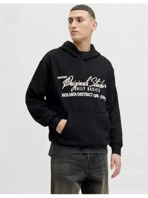 Divin Yazılı Grafik Baskılı 2iplikli Siyah Kapüşonlu Oversize Sweatshirt