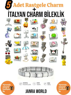 Janra World 5 Adet Rastgele Charm + Italyan Charm Bileklik Seti | Sürpriz Hediye Ile Birlikte