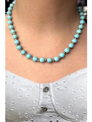 Caş Dekorasyon Altın ve Mavi Renk Boncuklu Çelik Kolye