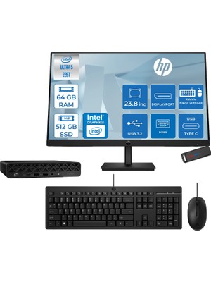 Hp Prodesk 4 Mini G1I Intel® Core™ Ultra 5 225T 4,9ghz 64GB Ddr5 512GB SSD Intel®graphics Freedos +23.8 100Hz Monitör Mini Masaüstü Bilgisayar 24BY6X8ETF22+ZETTAUSBBELLEK