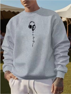 Divin -Erkek Kulaklık Baskılı Sweatshırt 3iplik Kaliteli Kumaş Oversize Kesim
