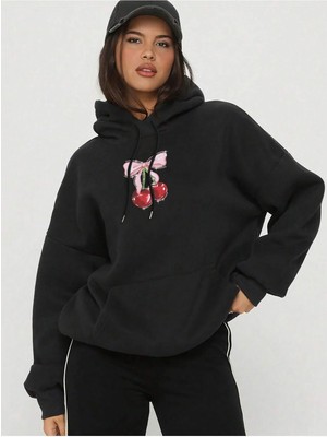 Divin -Kadın Kiraz Baskılı Sweatshırt 3iplik Kaliteli Kumaş Oversize Kesim