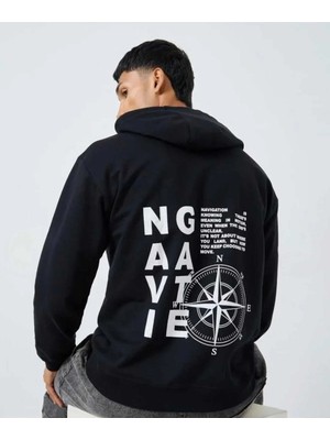 Divin Yazılı Grafik Baskılı 2iplikli Siyah Kapüşonlu Oversize Sweatshirt
