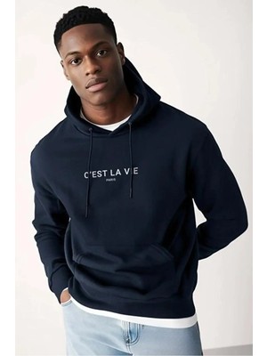 Divin Erkek Baskılı Kapüşonlu Sweatshırt Oversize Kesim 3iplik Pamuklu Kumaş