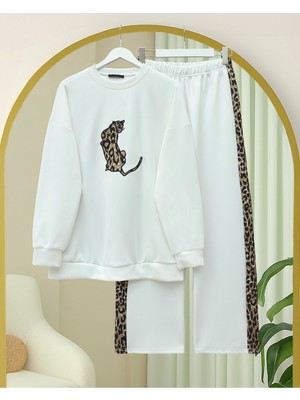 Modamorfo Leopar Figürlü ve Desenli Pantolonlu Scuba Takım -Beyaz