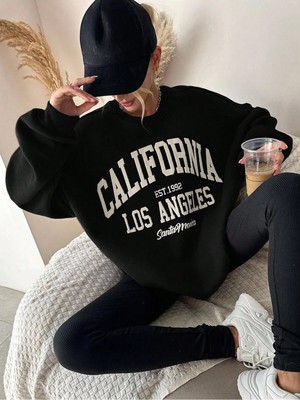 Divin -Kadın Siyah Baskılı Sweatshırt 3iplik Kaliteli Kumaş Oversize Kesim