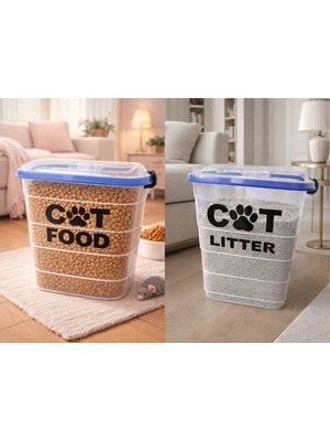 Deembro 2 Li Set 15 kg Kedi Maması Saklama Kabı ve 35 lt Kedi Kumu Saklama Kutusu Vakumlu Hava Almayan Seri